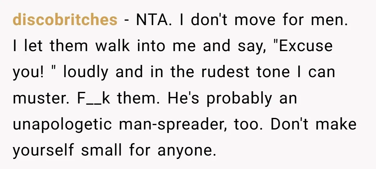 discobritches − NTA. I don't move for men. I let them walk into me and say, "Excuse you! " loudly and in the rudest tone I can muster. F__k them....