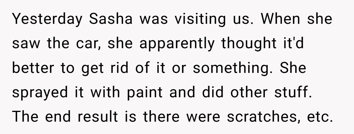 Yesterday Sasha was visiting us. When she saw the car, she apparently thought it'd better to get rid of it or something. She sprayed it with paint and did other...