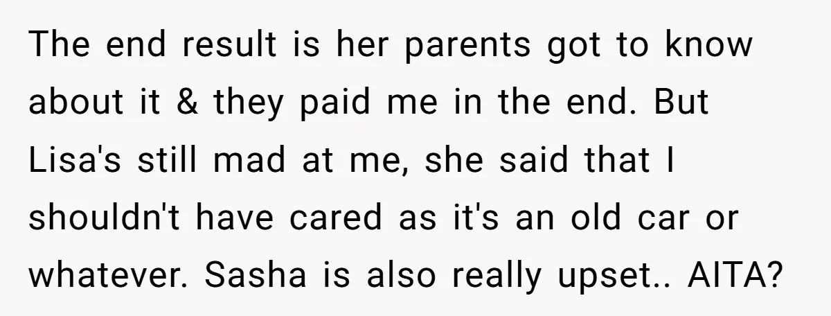 The end result is her parents got to know about it & they paid me in the end. But Lisa's still mad at me, she said that I shouldn't have...