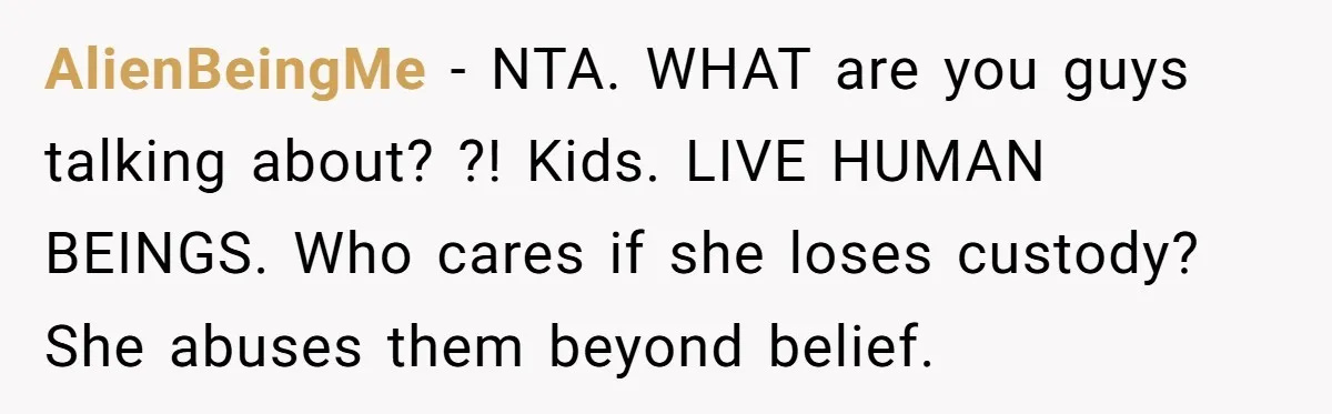 AlienBeingMe − NTA. WHAT are you guys talking about? ?! Kids. LIVE HUMAN BEINGS. Who cares if she loses custody? She abuses them beyond belief.