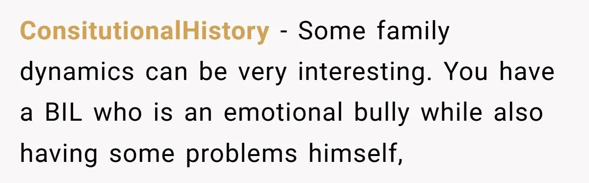 ConsitutionalHistory − Some family dynamics can be very interesting. You have a BIL who is an emotional bully while also having some problems himself,