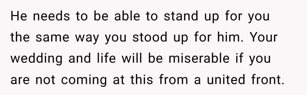 He needs to be able to stand up for you the same way you stood up for him. Your wedding and life will be miserable if you are not coming...