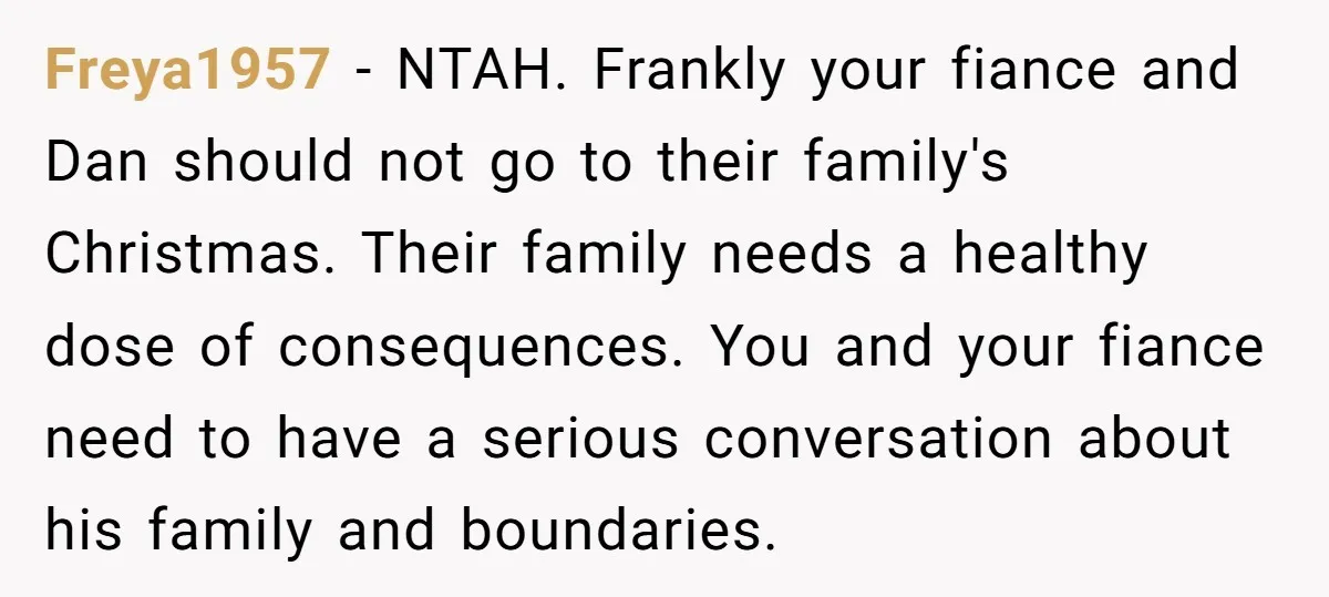 Freya1957 − NTAH. Frankly your fiance and Dan should not go to their family's Christmas. Their family needs a healthy dose of consequences. You and your fiance need to have...