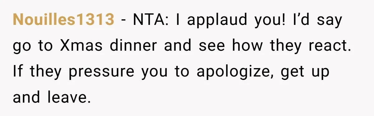 Nouilles1313 − NTA: I applaud you! I’d say go to Xmas dinner and see how they react. If they pressure you to apologize, get up and leave.