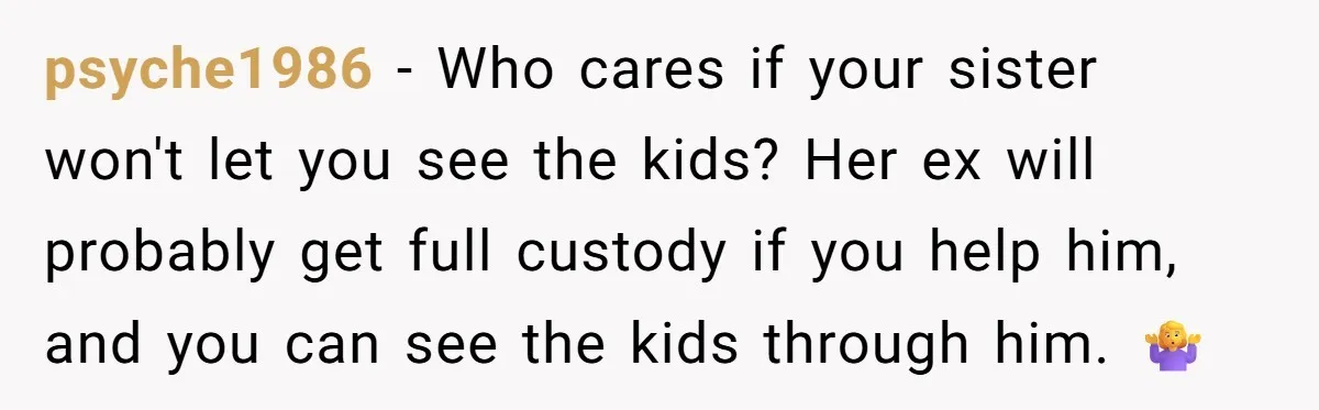 psyche1986 − Who cares if your sister won't let you see the kids? Her ex will probably get full custody if you help him, and you can see the kids...