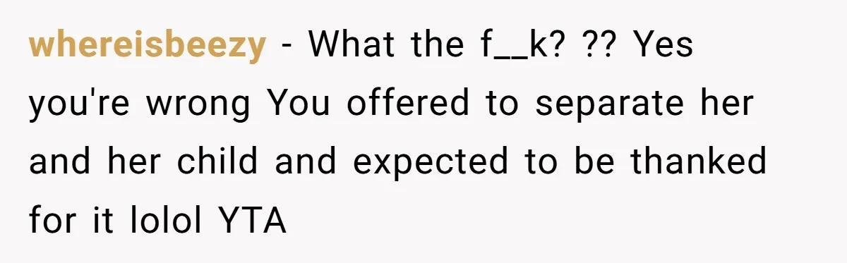 whereisbeezy − What the f__k? ?? Yes you're wrong You offered to separate her and her child and expected to be thanked for it lolol YTA