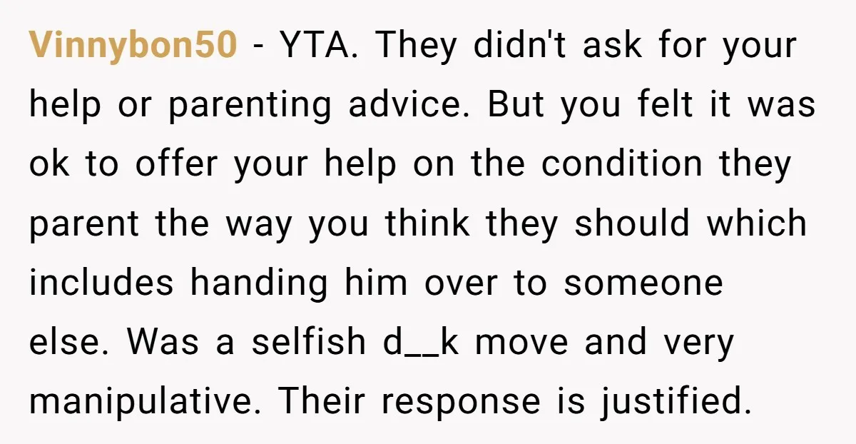 Vinnybon50 − YTA. They didn't ask for your help or parenting advice. But you felt it was ok to offer your help on the condition they parent the way you...