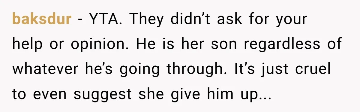 baksdur − YTA. They didn’t ask for your help or opinion. He is her son regardless of whatever he’s going through. It’s just cruel to even suggest she give him...