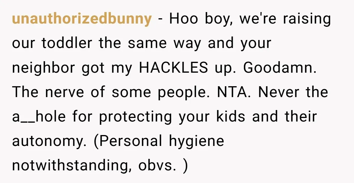 unauthorizedbunny − Hoo boy, we're raising our toddler the same way and your neighbor got my HACKLES up. Goodamn. The nerve of some people. NTA. Never the a__hole for protecting...