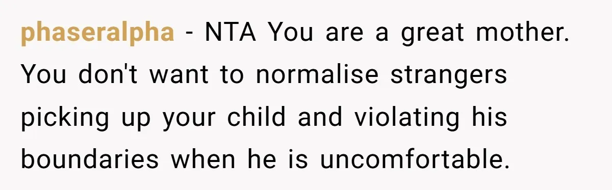 phaseralpha − NTA You are a great mother. You don't want to normalise strangers picking up your child and violating his boundaries when he is uncomfortable.