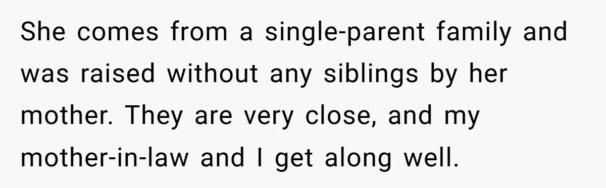 She comes from a single-parent family and was raised without any siblings by her mother. They are very close, and my mother-in-law and I get along well.