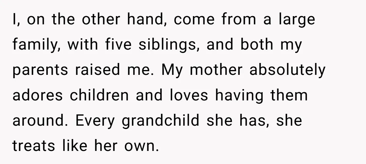 I, on the other hand, come from a large family, with five siblings, and both my parents raised me. My mother absolutely adores children and loves having them around. Every...
