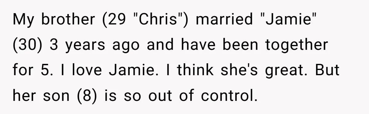 My brother (29 "Chris") married "Jamie" (30) 3 years ago and have been together for 5. I love Jamie. I think she's great. But her son (8) is so out...