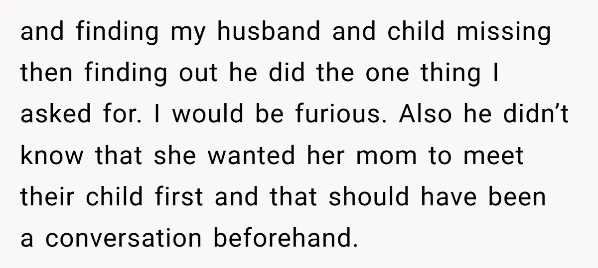 and finding my husband and child missing then finding out he did the one thing I asked for. I would be furious. Also he didn’t know that she wanted her...