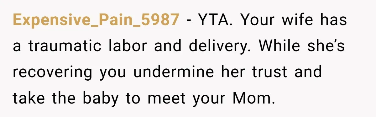 Expensive_Pain_5987 − YTA. Your wife has a traumatic labor and delivery. While she’s recovering you undermine her trust and take the baby to meet your Mom.