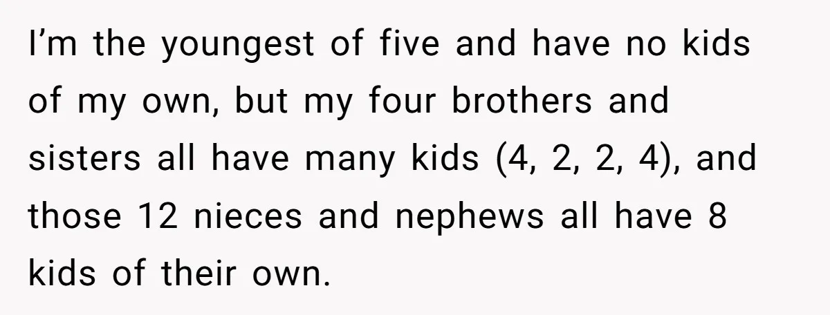 I’m the youngest of five and have no kids of my own, but my four brothers and sisters all have many kids (4, 2, 2, 4), and those 12 nieces...
