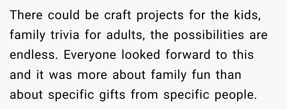 There could be craft projects for the kids, family trivia for adults, the possibilities are endless. Everyone looked forward to this and it was more about family fun than about...
