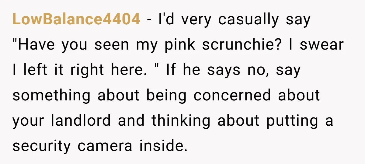 LowBalance4404 − I'd very casually say "Have you seen my pink scrunchie? I swear I left it right here. " If he says no, say something about being concerned about...