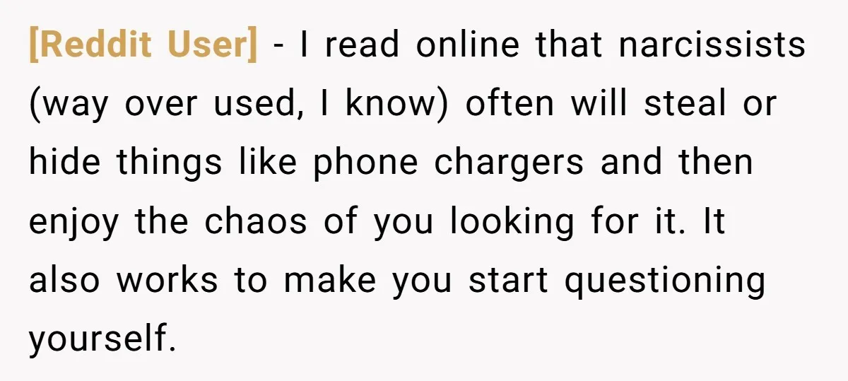 [Reddit User] − I read online that narcissists (way over used, I know) often will steal or hide things like phone chargers and then enjoy the chaos of you looking...