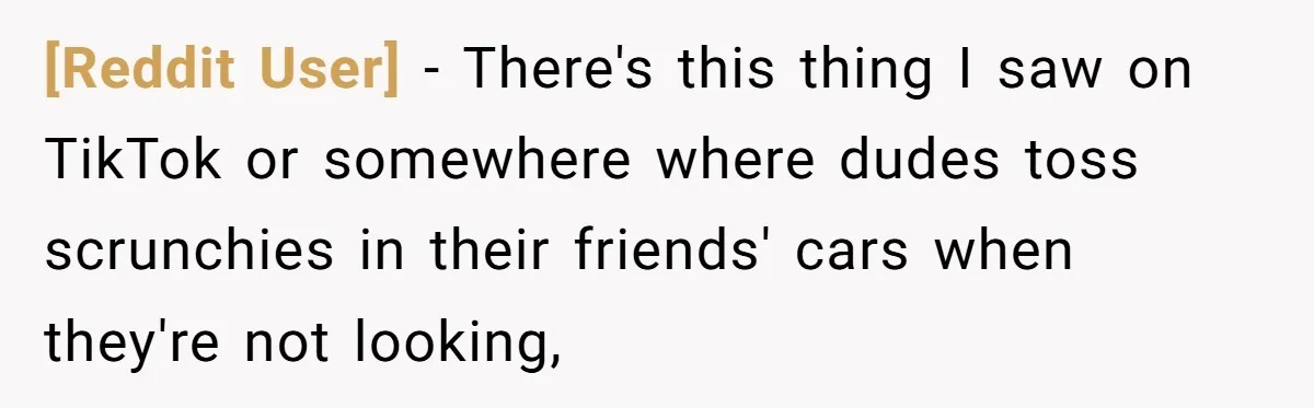[Reddit User] − There's this thing I saw on TikTok or somewhere where dudes toss scrunchies in their friends' cars when they're not looking,