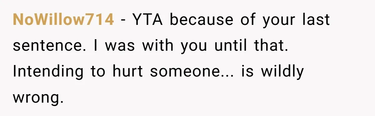 NoWillow714 − YTA because of your last sentence. I was with you until that. Intending to hurt someone... is wildly wrong.