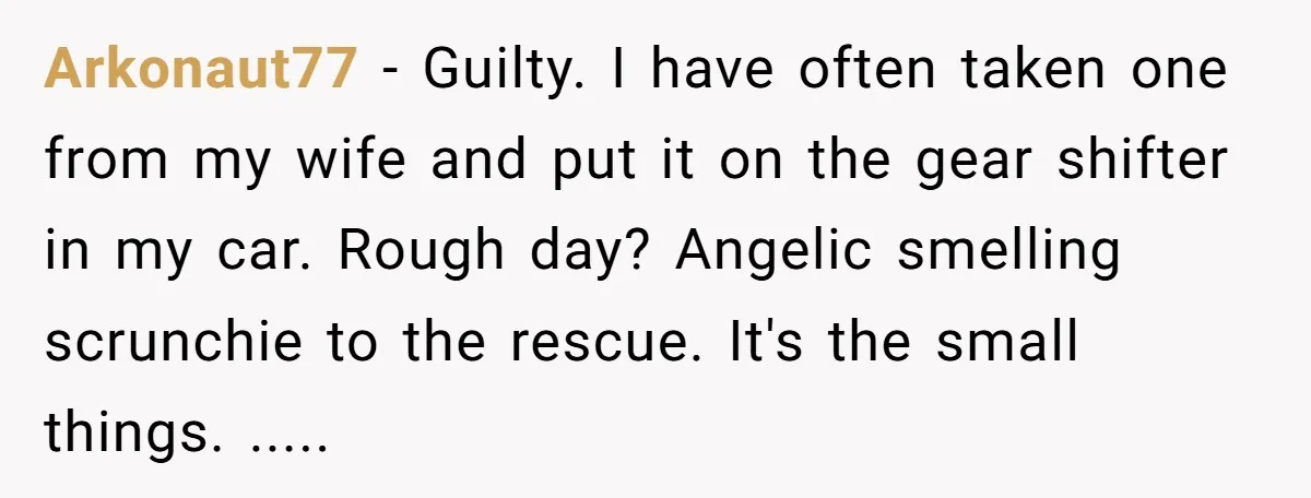 Arkonaut77 − Guilty. I have often taken one from my wife and put it on the gear shifter in my car. Rough day? Angelic smelling scrunchie to the rescue. It's...