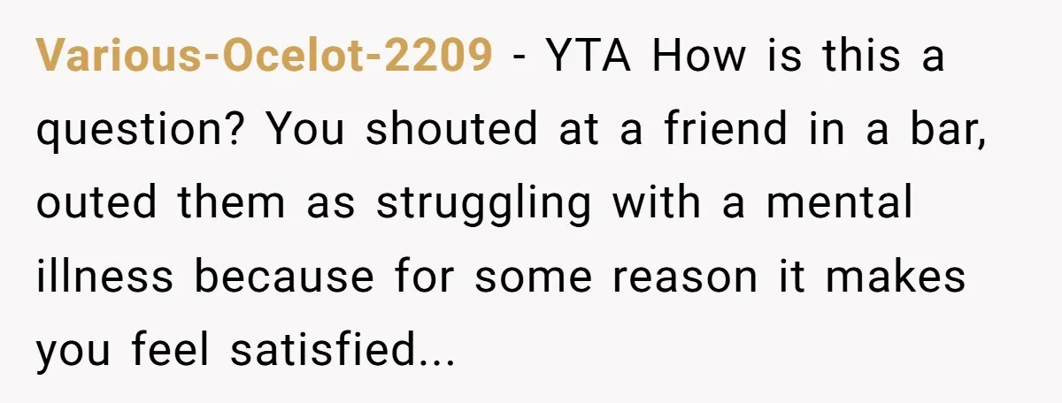 Various-Ocelot-2209 − YTA How is this a question? You shouted at a friend in a bar, outed them as struggling with a mental illness because for some reason it makes...