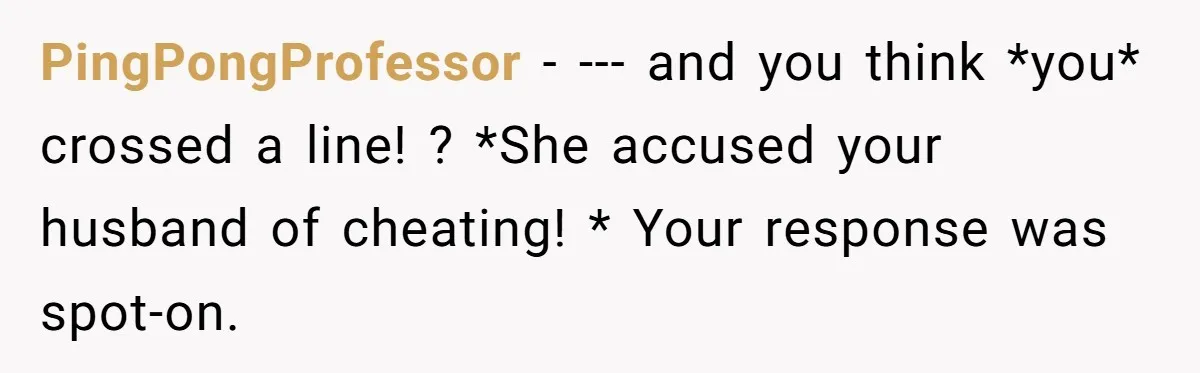 PingPongProfessor − --- and you think *you* crossed a line! ? *She accused your husband of cheating! * Your response was spot-on.