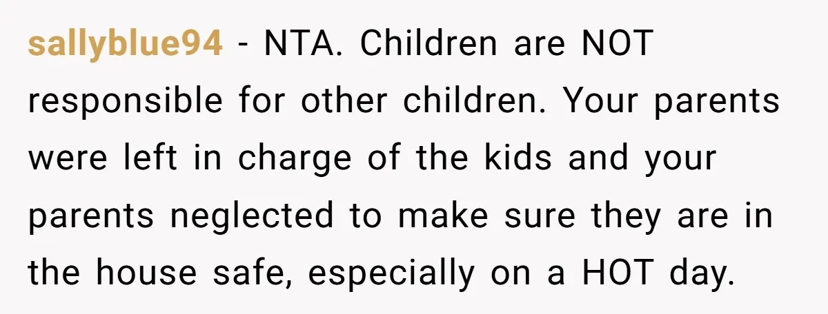 sallyblue94 − NTA. Children are NOT responsible for other children. Your parents were left in charge of the kids and your parents neglected to make sure they are in the...