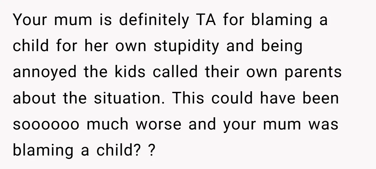Your mum is definitely TA for blaming a child for her own stupidity and being annoyed the kids called their own parents about the situation. This could have been soooooo...