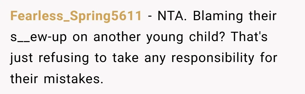 Fearless_Spring5611 − NTA. Blaming their s__ew-up on another young child? That's just refusing to take any responsibility for their mistakes.
