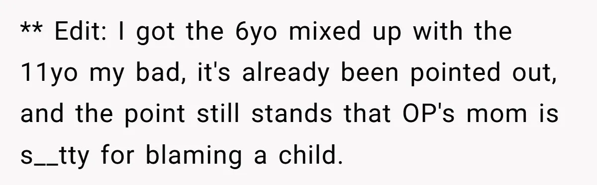 ** Edit: I got the 6yo mixed up with the 11yo my bad, it's already been pointed out, and the point still stands that OP's mom is s__tty for blaming...