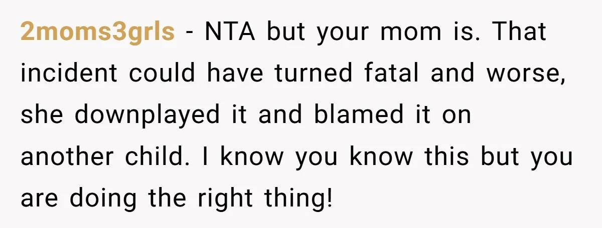 2moms3grls − NTA but your mom is. That incident could have turned fatal and worse, she downplayed it and blamed it on another child. I know you know this but...