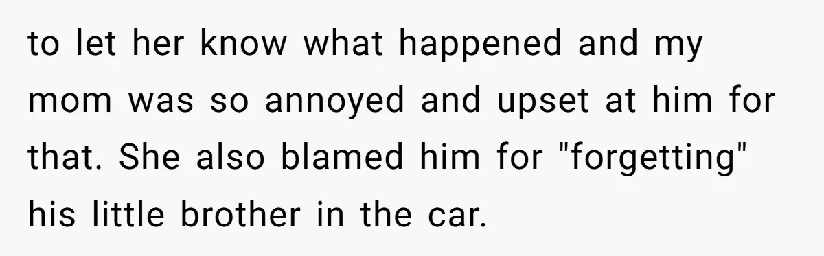 to let her know what happened and my mom was so annoyed and upset at him for that. She also blamed him for "forgetting" his little brother in the car.