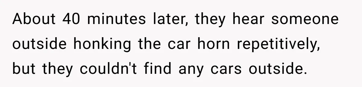 About 40 minutes later, they hear someone outside honking the car horn repetitively, but they couldn't find any cars outside.