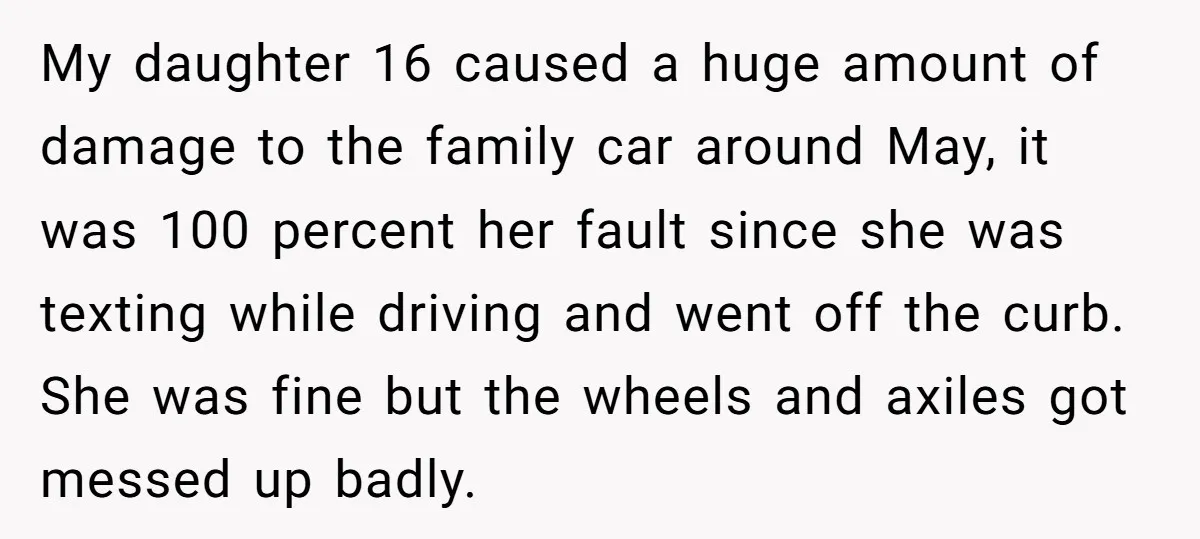 My daughter 16 caused a huge amount of damage to the family car around May, it was 100 percent her fault since she was texting while driving and went off...