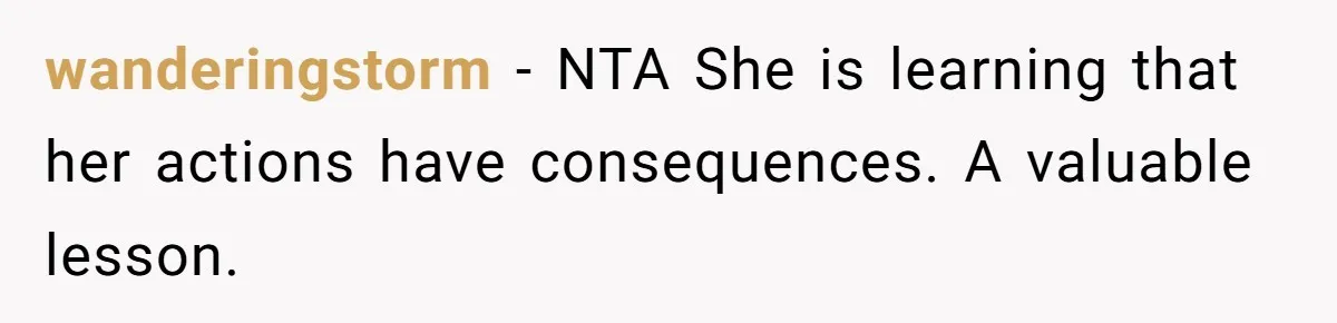 wanderingstorm − NTA She is learning that her actions have consequences. A valuable lesson.