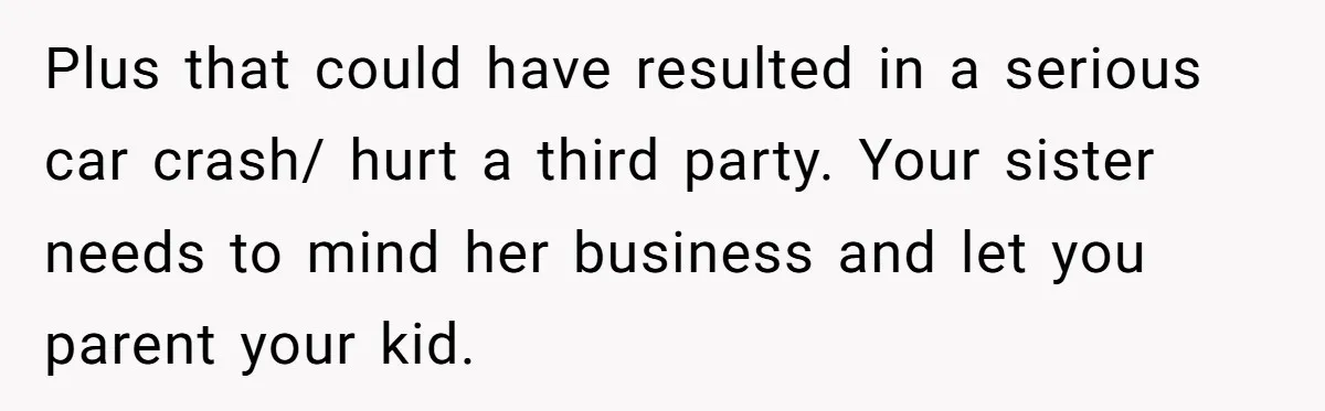 Plus that could have resulted in a serious car crash/ hurt a third party. Your sister needs to mind her business and let you parent your kid.