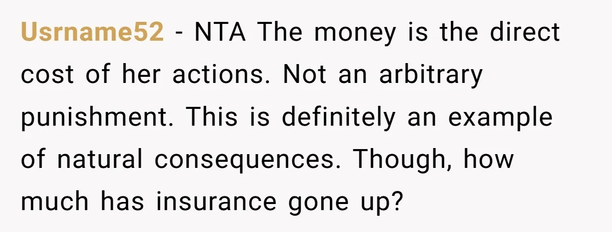 Usrname52 − NTA The money is the direct cost of her actions. Not an arbitrary punishment. This is definitely an example of natural consequences. Though, how much has insurance gone...