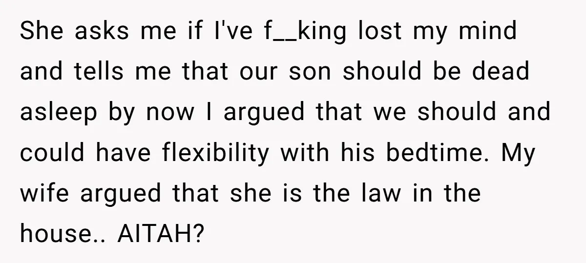She asks me if I've f__king lost my mind and tells me that our son should be dead asleep by now I argued that we should and could have flexibility...