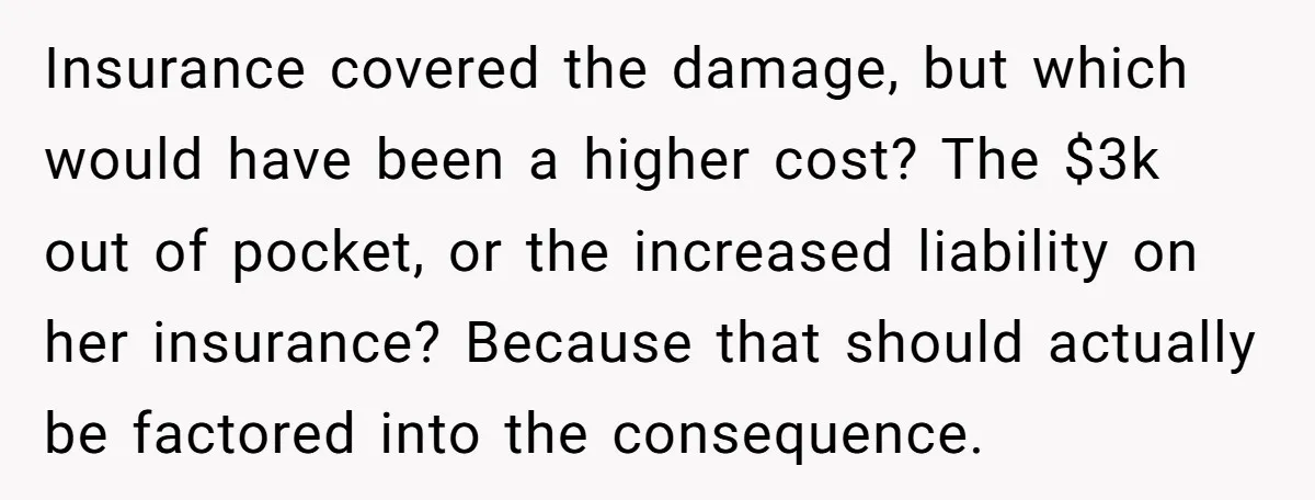 Insurance covered the damage, but which would have been a higher cost? The $3k out of pocket, or the increased liability on her insurance? Because that should actually be factored...