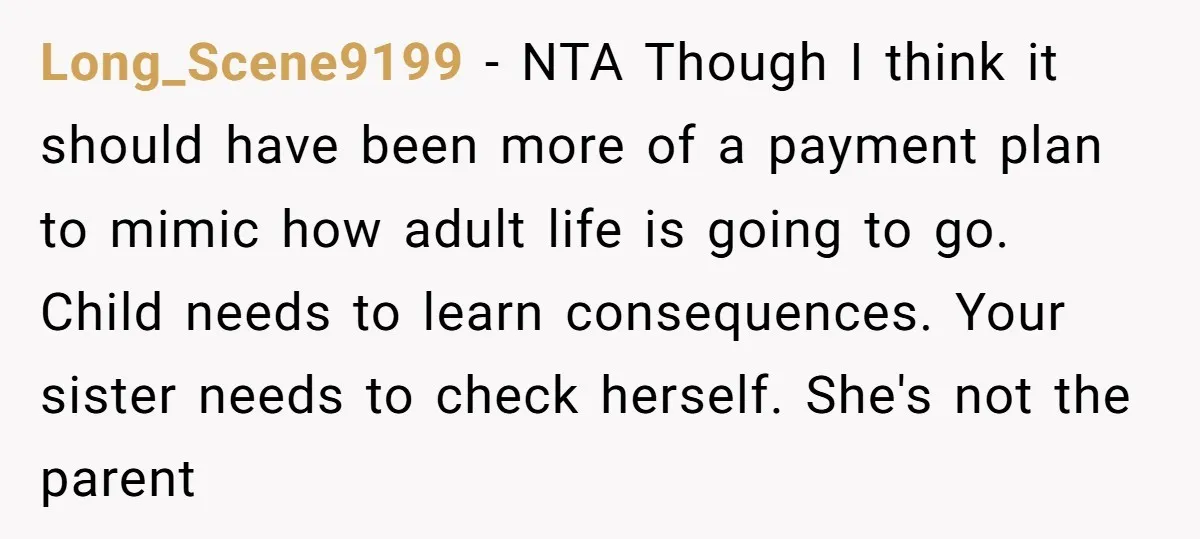 Long_Scene9199 − NTA Though I think it should have been more of a payment plan to mimic how adult life is going to go. Child needs to learn consequences. Your...