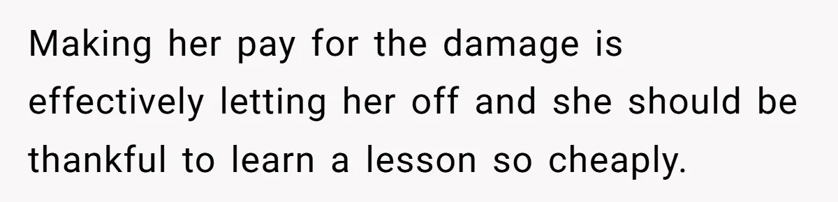 Making her pay for the damage is effectively letting her off and she should be thankful to learn a lesson so cheaply.