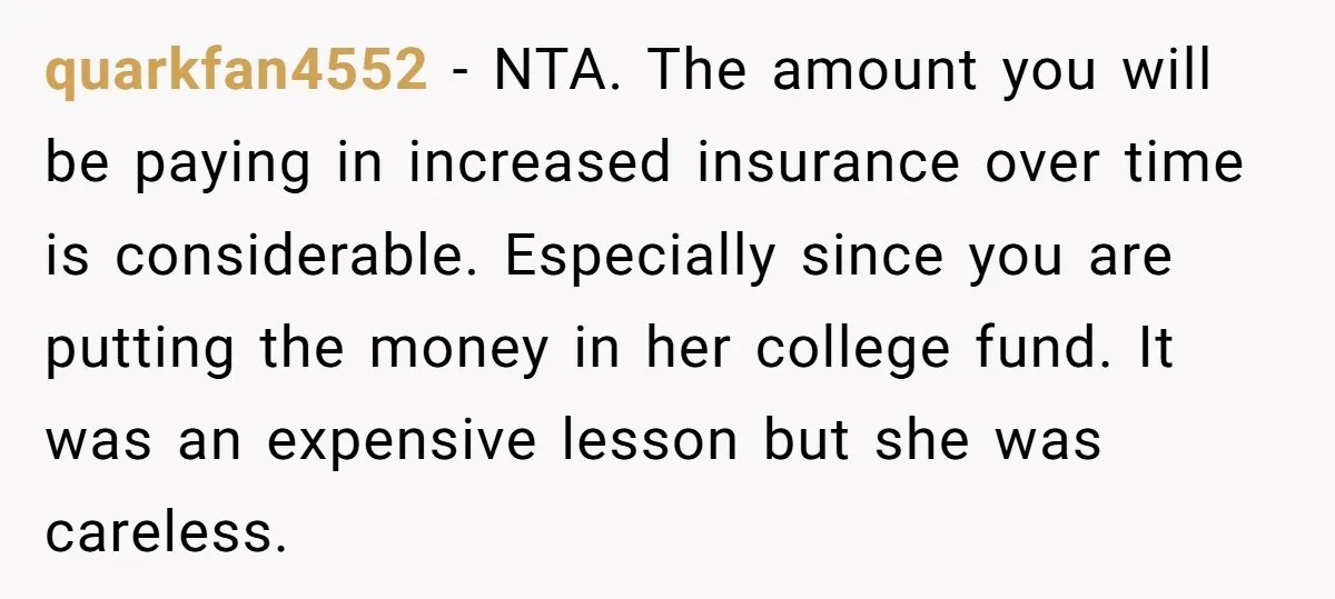 quarkfan4552 − NTA. The amount you will be paying in increased insurance over time is considerable. Especially since you are putting the money in her college fund. It was an...