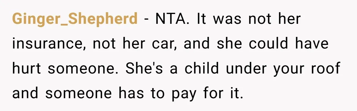 Ginger_Shepherd − NTA. It was not her insurance, not her car, and she could have hurt someone. She's a child under your roof and someone has to pay for it.