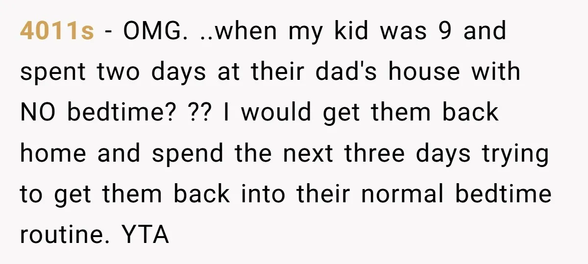 4011s − OMG. ..when my kid was 9 and spent two days at their dad's house with NO bedtime? ?? I would get them back home and spend the next...
