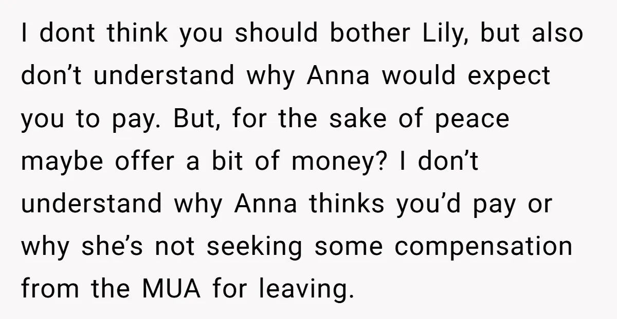 I dont think you should bother Lily, but also don’t understand why Anna would expect you to pay. But, for the sake of peace maybe offer a bit of money?...