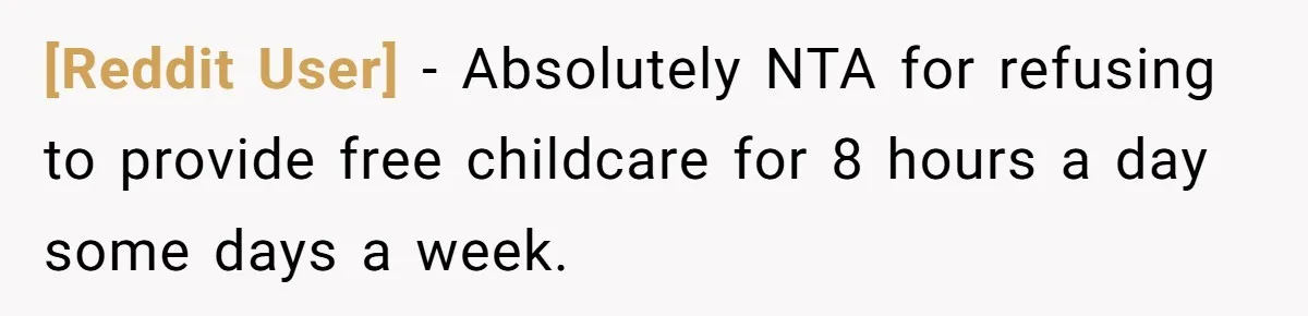 [Reddit User] − Absolutely NTA for refusing to provide free childcare for 8 hours a day some days a week.