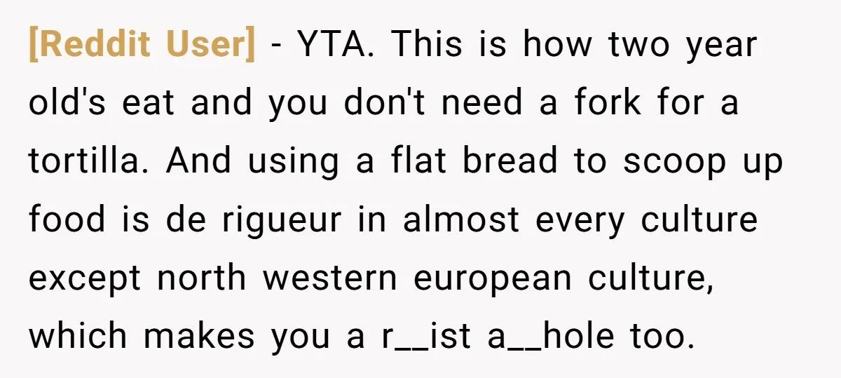 [Reddit User] − YTA. This is how two year old's eat and you don't need a fork for a tortilla. And using a flat bread to scoop up food is...