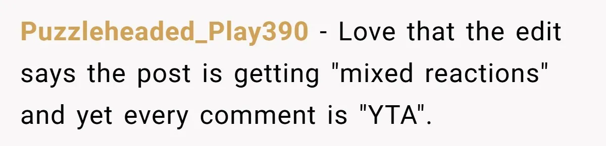 Puzzleheaded_Play390 − Love that the edit says the post is getting "mixed reactions" and yet every comment is "YTA".